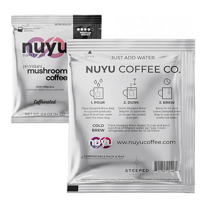 Nuyu Mushroom Coffee Brew Bags - Premium Coffee with 2000mg Functional Mushrooms - Lion's Mane, Chaga, Reishi, Codyceps - Energy, Focus & Immune Support - 7 Count - Medium Roast