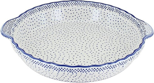 Blue Rose Polish Pottery - Blue Small Dots Pie Plate with Handles - 9.75" Diameter - Ceramic Baking Dish, For Pies, Quiches & Desserts