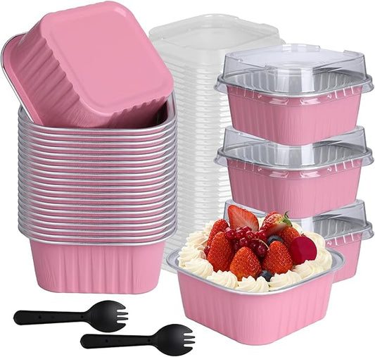 50Pack Mini Cake Pans with Lids And Spoons, 10oz Square Mini Loaf Pans with Lids, Disposable Cupcake Ramekins Small Cake Pans Aluminum Cups with Lid, Foil Baking Cups Dessert Containers for Party Pink