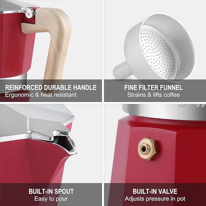 Sivaphe Aluminum Moka Pot 3 Espresso Cups, Percolator Espresso and Coffee Maker, Portable Stovetop Italian and Cuban Cafì±?Brewer for Home and Camping Red