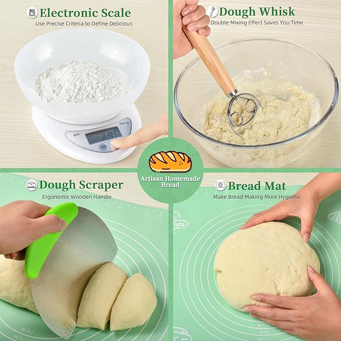 Sourdough Bread Baking Supplies with Pot, Complete Sourdough Starter Kit with Scale, 4 Bread Proofing Basket, 1200ml Starter Jar, Scraper, Bread Making Tools & More (Green)