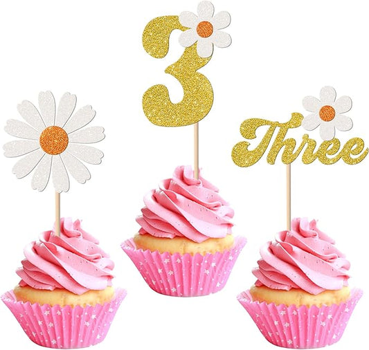 24 Pack 3rd Birthday Daisy Cupcake Toppers Glitter Three Daisy Cupcake Picks Spring Daisy Chrysanthemum Third Birthday Cupcake Decorations Kids birthday Party Supllies Gold