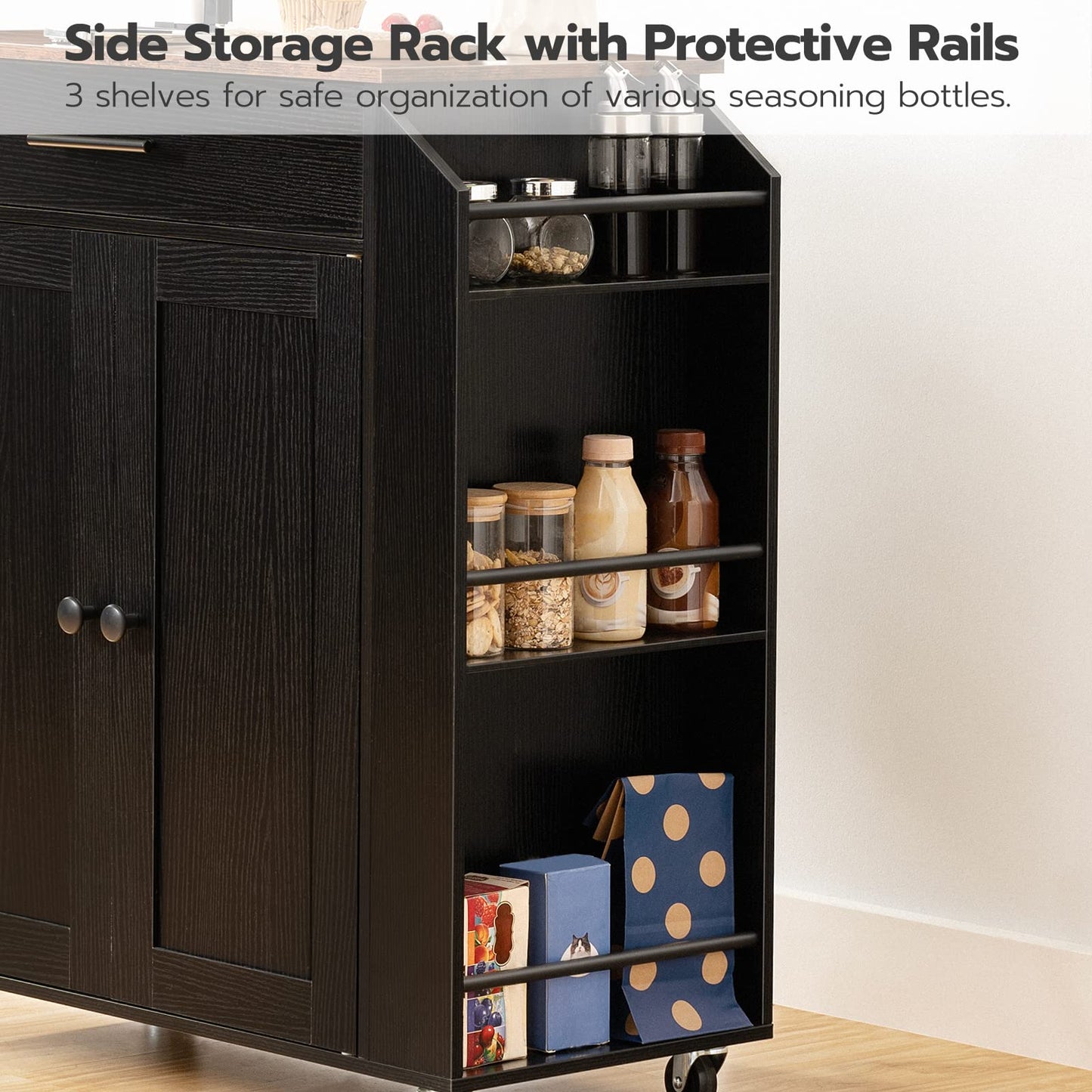HOOBRO Kitchen Island with Power Outlet, Storage Island with Spice Rack and Drawer, Rolling Kitchen