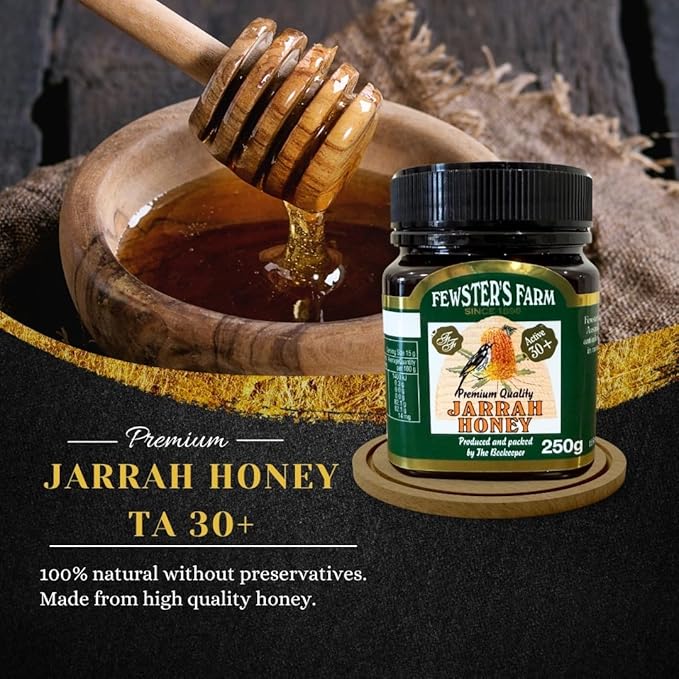 Jarrah Honey TA 30+ - 250 g / 8.8 oz Jarrah Honey is nectar gathered by bees from the flowers of the Jarrah Tree