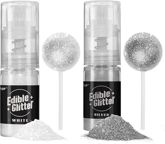 Sujoygar Edible Glitter Spray 2 Colors, White and Silver Edible Glitter for Cocktails, Shimmer Powder Luster Dust Edible for Cake Drink Strawberrie Cupcake Cookies Wedding Baking Decoretion, Vegan(5g/Bottle)
