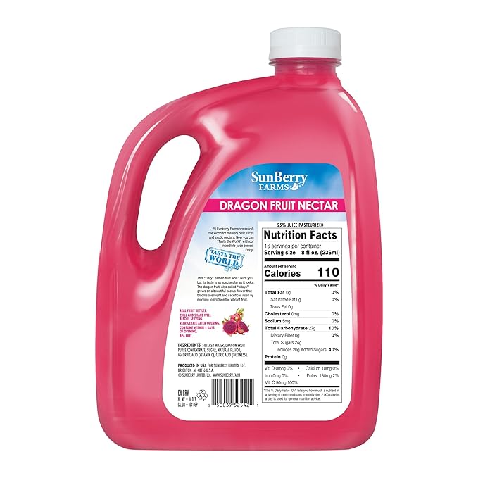 Sunberry Farms Dragon Fruit Nectar, 128 Fl oz, Gluten Free, non-GMO, All Natural