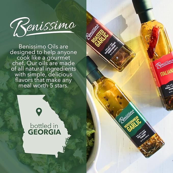 Benissimo Roasted Garlic Herb Infused Oil, All Natural Gourmet Cooking Oil with Slow-Roasted Garlic and Aromatic Herbs, Perfect for Sautéing, Dipping, Drizzling, 8.1 fl oz