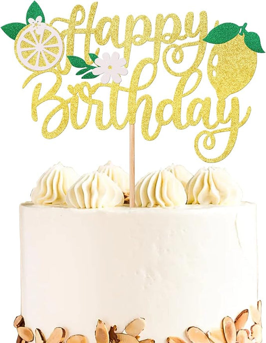 1 Pack Lemon Cake Topper Glitter Happy Birthday Cake Pick for Fruit Theme Baby Shower Kids Boys Girls Birthday Party Summer Fruit Lemon Cake Decorations Supplies