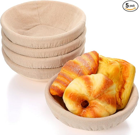 Nuogo Set of 5 Banneton Bread Proofing Basket 8.5 inch Round Sourdough Proofing Basket Bowl with Liners and Scatters for Home Making Bread Bakers Baking