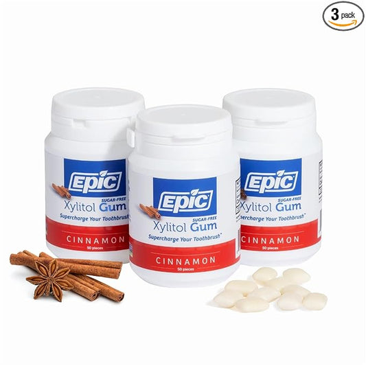 Epic 100% Xylitol Cinnamon Chewing Gum - Sugar Free, Aspartame Free Dental Gum - Supports Oral Health & Fresh Breath - 50 Pieces (Pack of 3)
