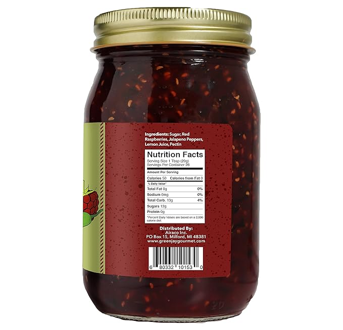 Green Jay Gourmet Raspberry Jalapeno Jam - All-Natural Raspberry Jam with Red Raspberries, Jalapeno Peppers & Lemon Juice - Vegan, Gluten-free Jam with No Preservatives - Made in USA - 2 x 20 Ounces