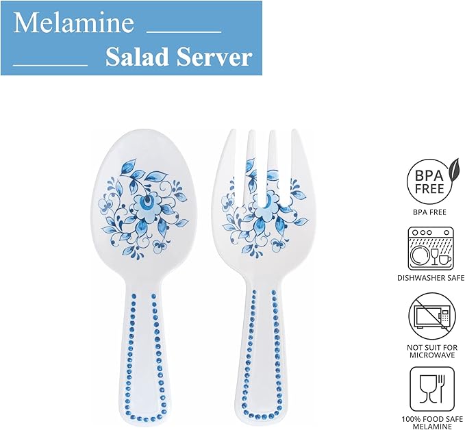 UPware Blue and White Floral Melamine Salad Servers, Serving Utensil Set, Includes Serving Fork and Spoon for Tossing Salad, Pasta, Blue, White, 10.75 Inch, Set of 2