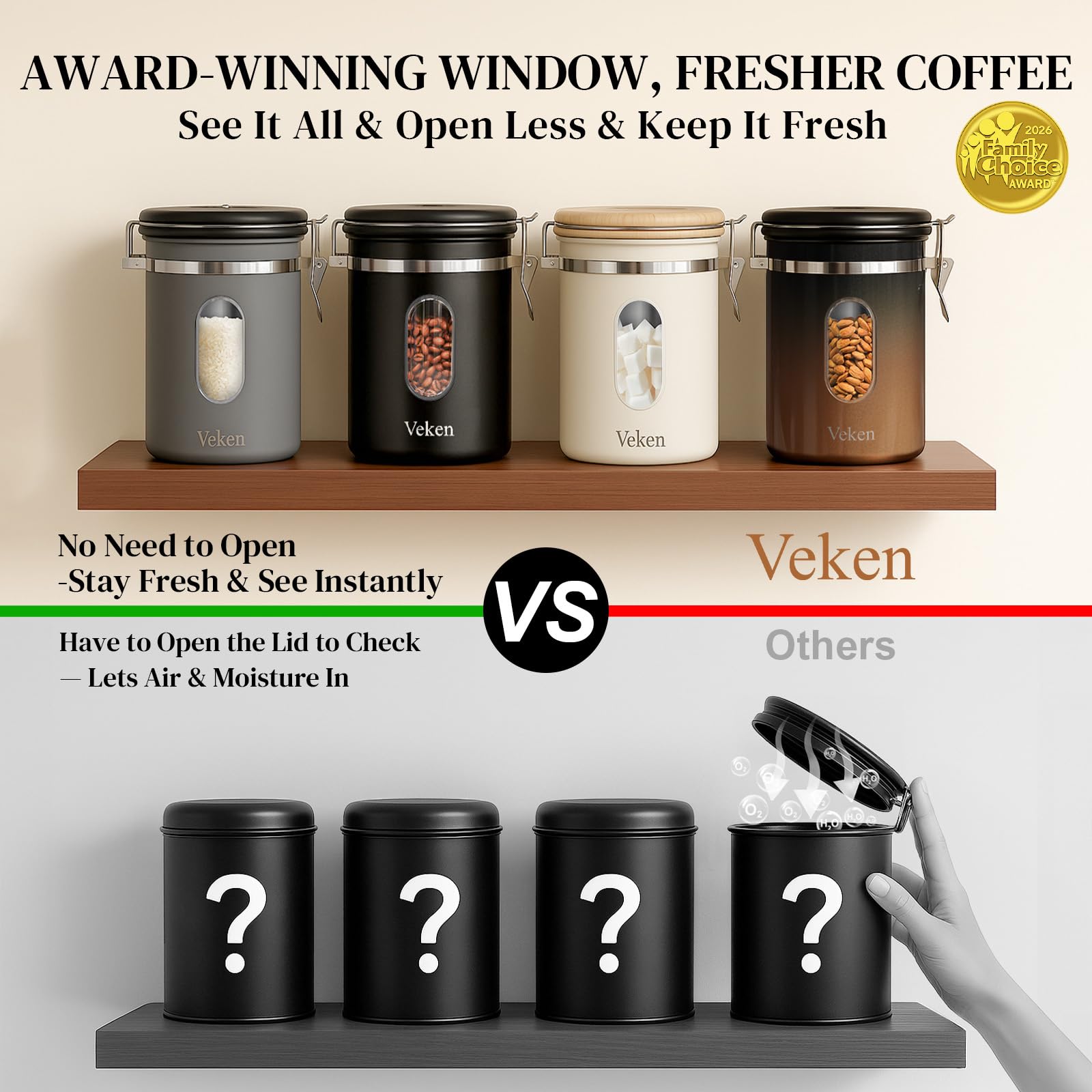 Veken Coffee Canister with Window, Airtight Stainless Steel Container, 22OZ