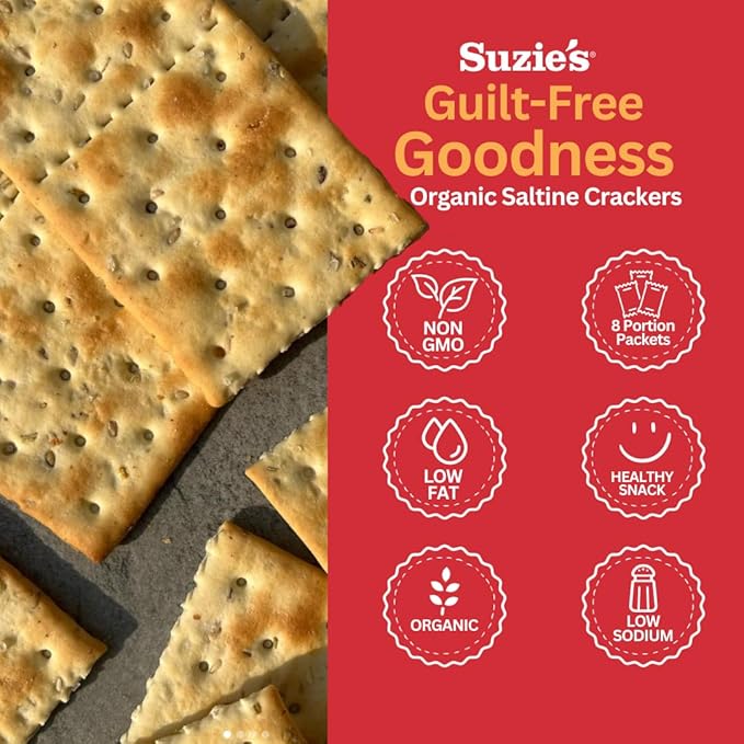Suzie's Organic Saltines Crackers|Salted w/Extra Virgin Olive Oil|Low Saturated Fat|Healthy Gourmet Baked Vegan Snack for Adults & Children| 12 Packs (96 individual Stay Fresh Packs) - 8.8oz Each