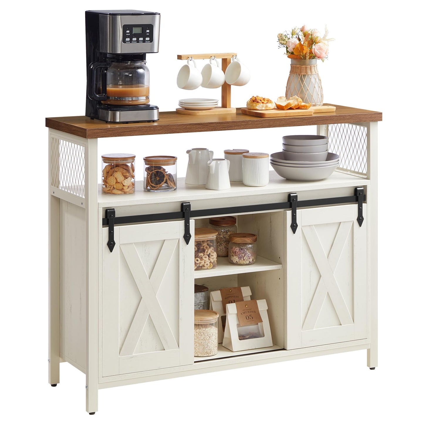 VASAGLE Buffet Cabinet, Coffee Bar Storage Cabinet, Sideboard with 2 Sliding Barn Doors, Adjustable