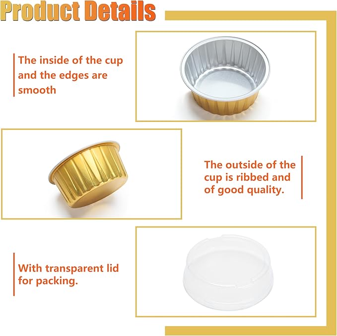 Aluminum Cups with Lids, 4.2oz 50Pcs Gold Disposable Cake Pans with Lids, Creme Brulee Cups, Mini Cake Pans for Party, Wedding, Birthday