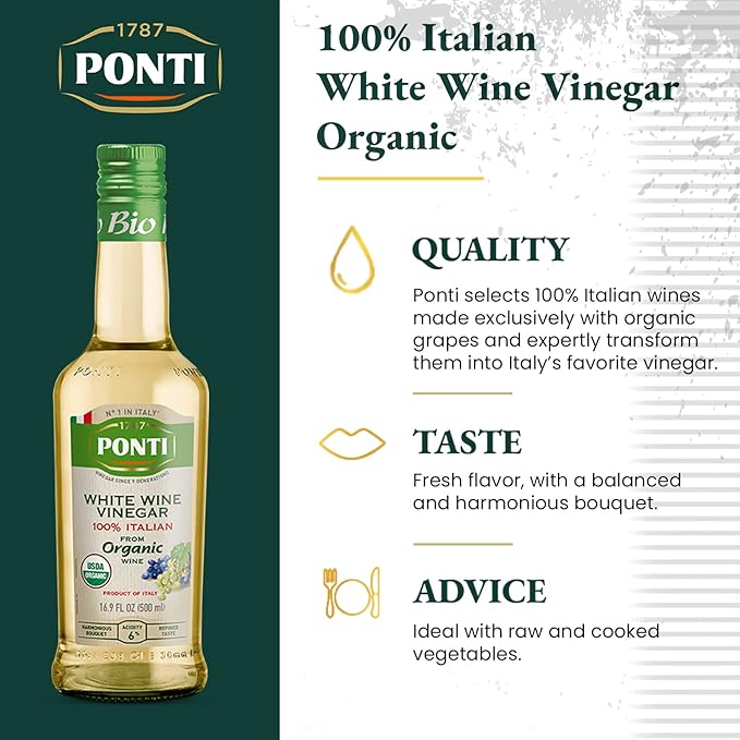 1787 PONTI Organic 100% Italian White Wine Vinegar - Perfected Acidity Levels for Best Harmonic Aroma and Taste - Delicious with All types of Salads and Vegetables - Excellent for Marinades - 16.9 Fl.Oz
