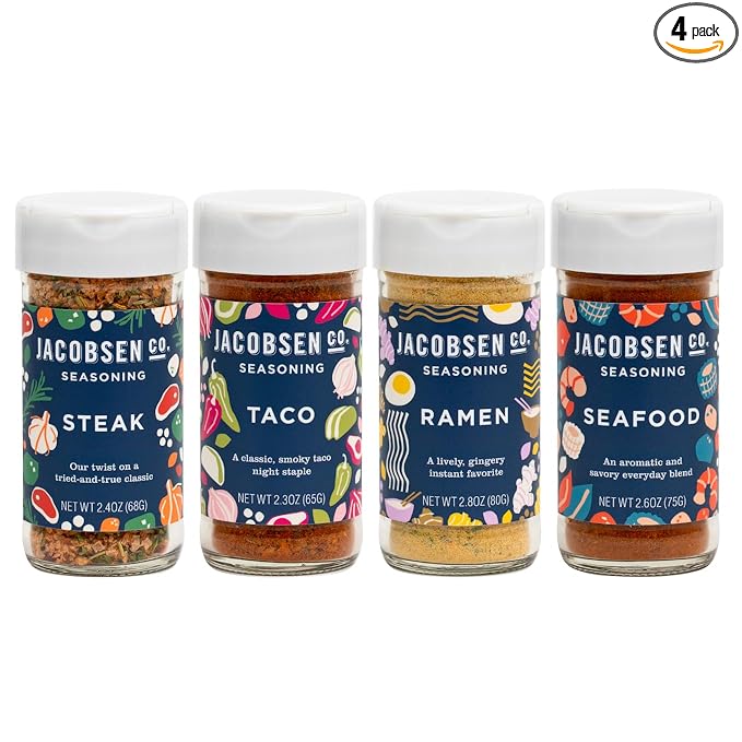 Jacobsen Salt Co. Seasoning Variety Pack - Sea Salt Soy-Free, Non-GMO, Gourmet Seasonings and Spices for Cooking, Made in USA, Real Salt Flakes - Steak, Seafood, Ramen & Taco (Pack of 4)