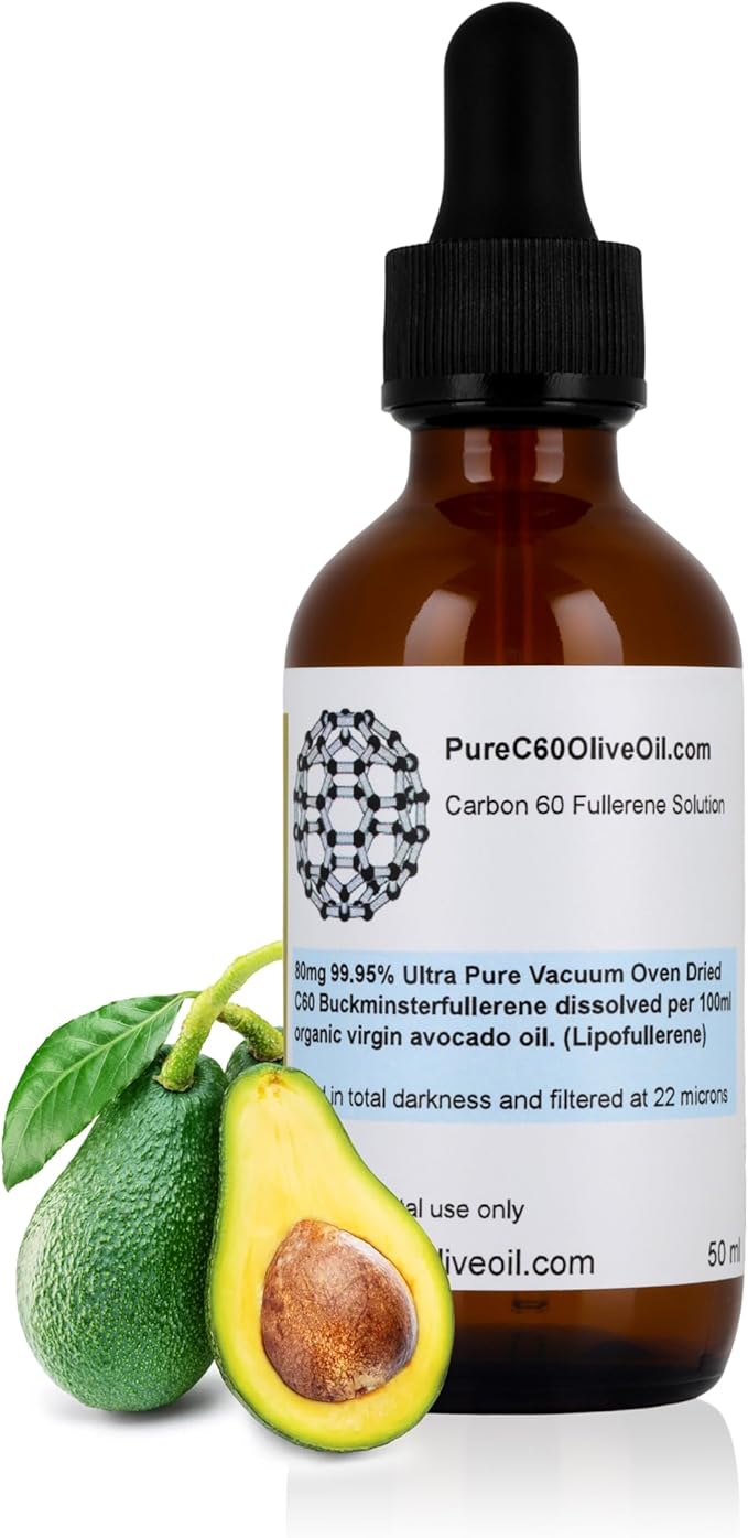 PureC60OliveOil C60 Avocado Oil 50ml / 1.7 Fl Oz - 99.95% Carbon 60 Solvent Free 80mg - Amber Glass Bottle - Food Grade - Carbon 60 Avocado Oil - from The Leading Global Producer