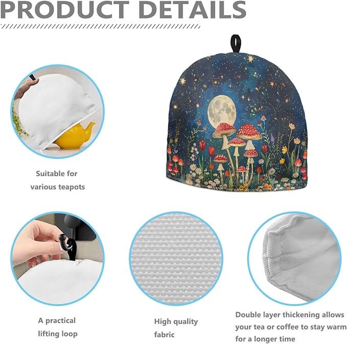 Mushrooms Moon Pattern Tea Cozy for Teapot Dome Teapot Cover Customized Teapot Covers with Handle Dust Cover Kitchen Kettle Dust Cover Can Hung and Folded Tea Pot Kitchen Decorative 竊뉰lue竊?"<div>