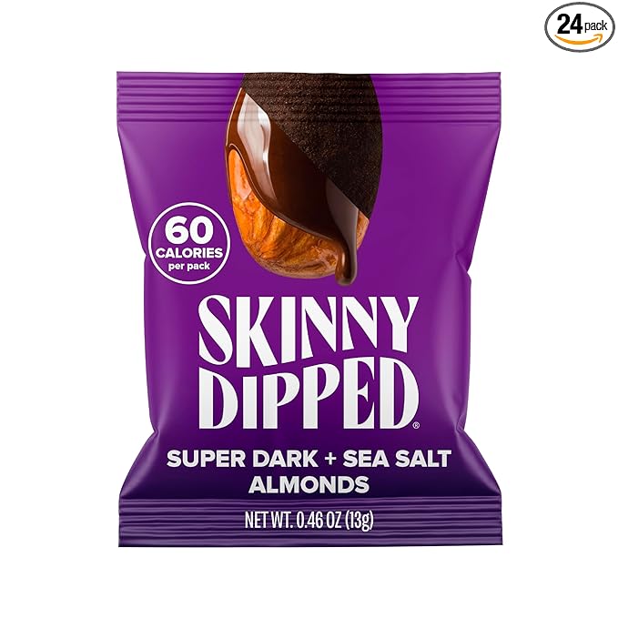 SkinnyDipped Super Dark Chocolate + Sea Salt Almonds, Vegan, Healthy Snack, Plant Protein, Gluten Free, 0.46 oz Mini Bags, Pack of 24