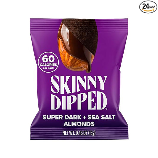 SkinnyDipped Super Dark Chocolate + Sea Salt Almonds, Vegan, Healthy Snack, Plant Protein, Gluten Free, 0.46 oz Mini Bags, Pack of 24