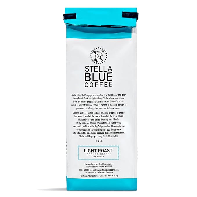 Stella Blue Ground Coffee, Positive Vibes Blend, Light Roast, Vanilla and Fruity Notes, 100% Arabica, Ethically Sourced from Central and South America, 12 oz bag
