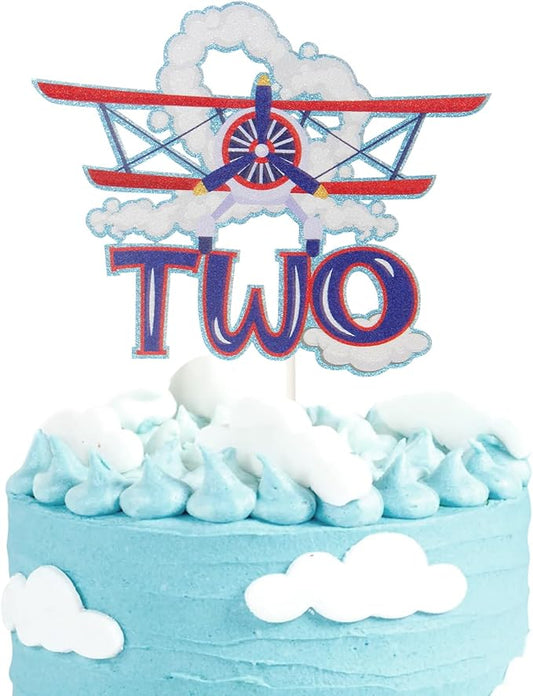 Two Airplane Cake Topper, Aircraft 2nd Birthday Party Supplies for Kids Plane Theme Baby Shower, Airplane Aviator Adventure Themed Party Decor