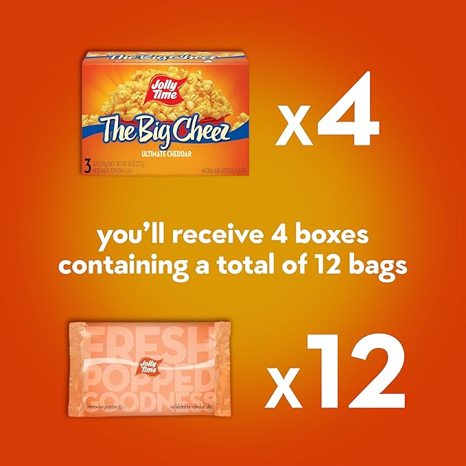 Jolly Time The Big Cheez, Cheddar Cheese Microwave Popcorn, 3.2oz Sharing Bag, 3 Bags Per Carton (The Big Cheez, 3.2 Ounce (Pack of 12))