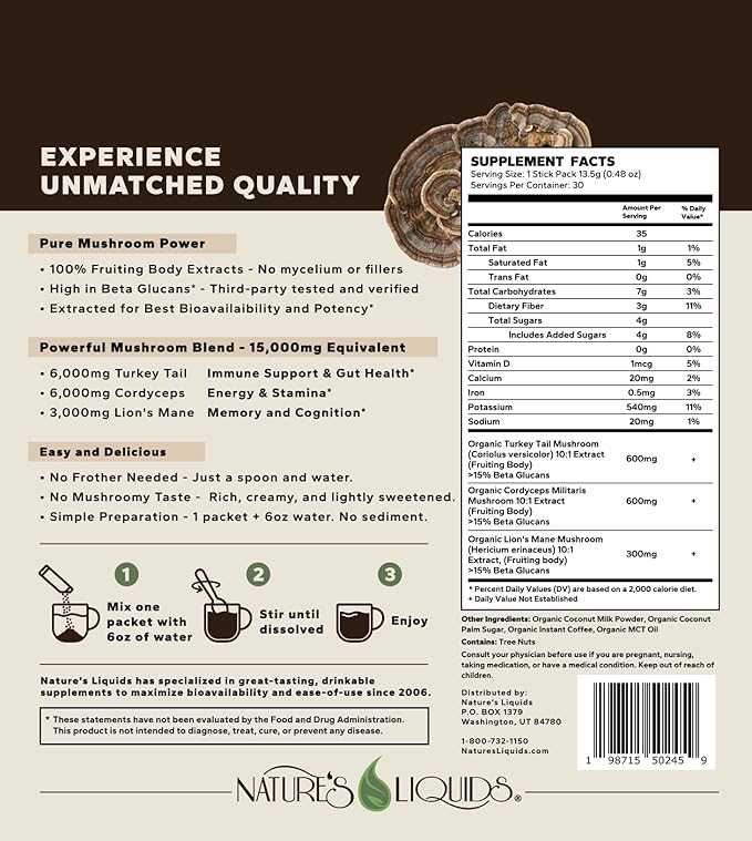 Nature's Liquids Ultimate Mushroom Coffee Latte - 15,000 mg Organic Fruiting-Body Mushrooms per Serving - Lion's Mane, Turkey Tail, Cordyceps - Focus & Immune Support - 30 Stick Packs
