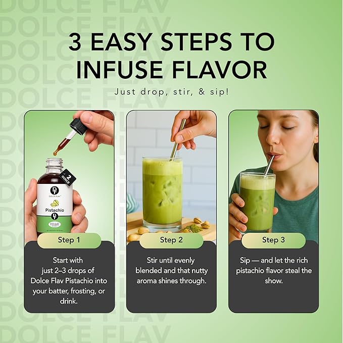 Dolce Flav Pistachio Extract ??2 Ounce Water-Soluble Kosher, Sugar-Free, Concentrated Nutty Pistachio Flavor for Baking, Ice Cream & Pastries, Includes Measured Dropper