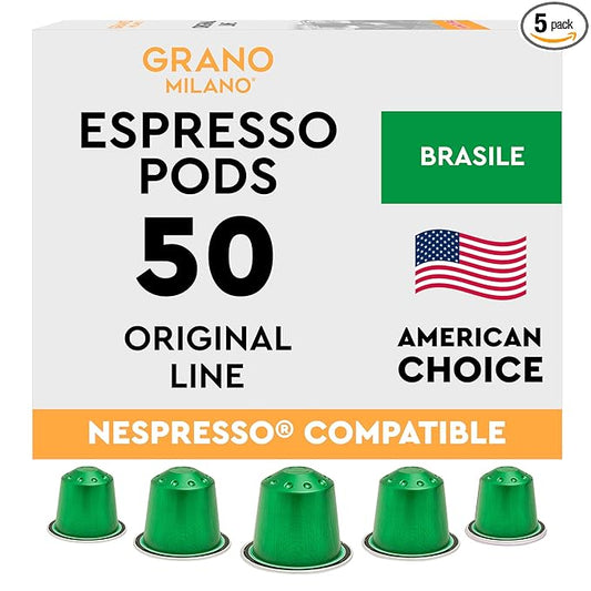 Grano Milano Brasile Coffee Capsules - 50 Aluminum Coffee Pods Compatible with Nespresso Original line,100% Arabica Medium Roast - Intensity 7/12, Made in Italy