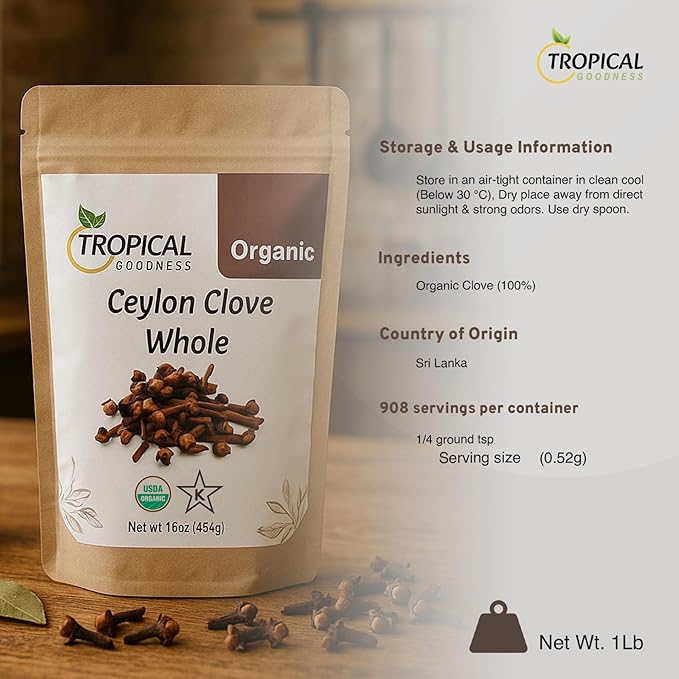 Tropical Goodness Pure Ceylon Clove Whole, Organic Whole Cloves, USDA & Kosher Certified, Premium Grade, 16 oz, Non-GMO, Gluten-Free (1 lb)