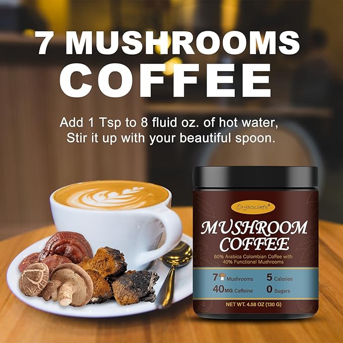 Orgnisulmte Premium Mushroom Coffee 4.58 Oz, Fresh Ground Colombian Instant Coffee with 7 Superfood Mushrooms Better Taste, Natural Ingredients Gluten Free, Vegan, Keto, Non-Gmo 130g