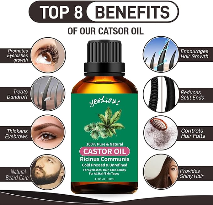 yethious Castor Oil Organic Cold Pressed Unrefined Growth for Eyelashes, Eyebrows, Hair. Skin Moisturizer & Hair Treatment Starter Kit