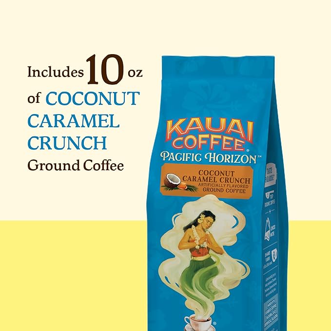 Kauai Coffee Ground Coffee ??Smooth, Rich, Medium Roast ??Nutty Caramel and Tropical Coconut ??Arabica Coffee, 10% Hawaiian with No Bitterness ??Coconut Caramel Crunch, 1 Pack of 10oz
