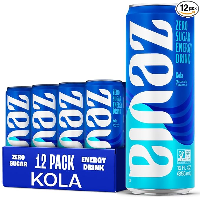 Zevia Zero Sugar Energy Drink, Kola, 12 oz Cans (12-Pack) – Naturally Sweetened, Non-GMO Project Verified, Gluten-Free, Vegan