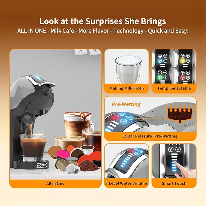 KOTLIE Espresso 5in1 Single Serve Coffee Maker, 19Bar Cappuccino&Latte Maker, Cold&Hot Brewing Coffee Machine for K*cup/NES*presso Original/D*olce G*usto/Ground Coffee/44mm ESE(LightGrey)
