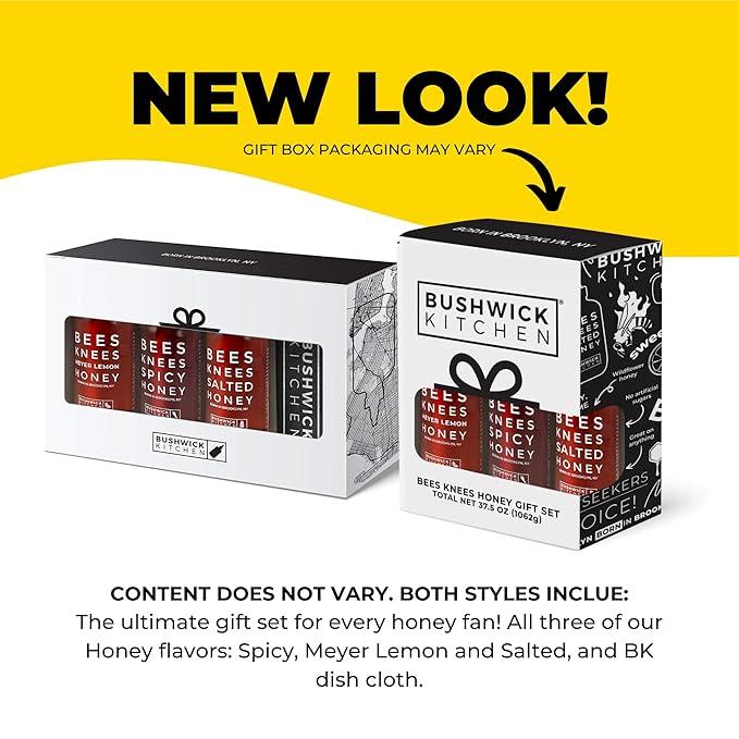 Bushwick Kitchen Bees Knees Honey Sampler Gift Box, Set Includes Spicy Honey, Meyer Lemon Honey, Salted Honey Sauces, Honey Inspired Recipes, Bushwick Kitchen Tea Towel, and Ready-to-Gift Box