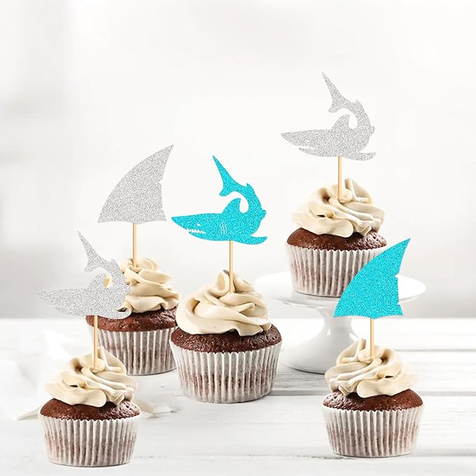 24 PCS Glitter Shark Cupcake Toppers Ocean Themed Party Shark Cake Decor Baby Shower Birthday Party Decorations