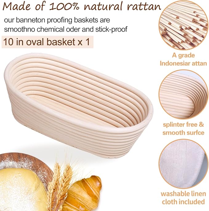 Banneton Bread Proofing Basket Set, 10 Inch Oval, Sourdough Bread Baking Supplies, Bread Making Starter Kit, Proofing Baskets for Baking, Perfect Baker's Gift Set