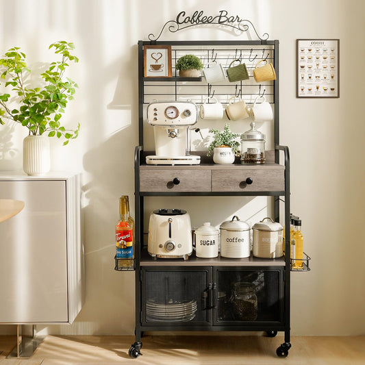 Coffee Bar Cabinet with Storage, Coffee Cart with Wheels, Coffee Station with Coffee Bar Sign and