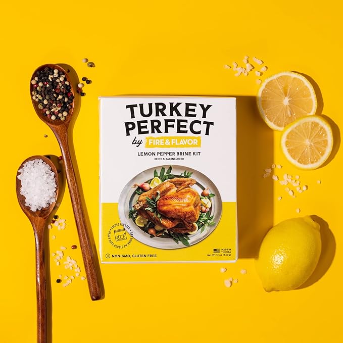 Fire & Flavor Lemon Pepper Turkey Perfect Brine - Turkey Brine Kit with Bag for Roasting, Grilling, Smoking, and Frying - Brining Seasonings for Cooking and Turkey Brine Bag - Turkey Brine and Rub Kit