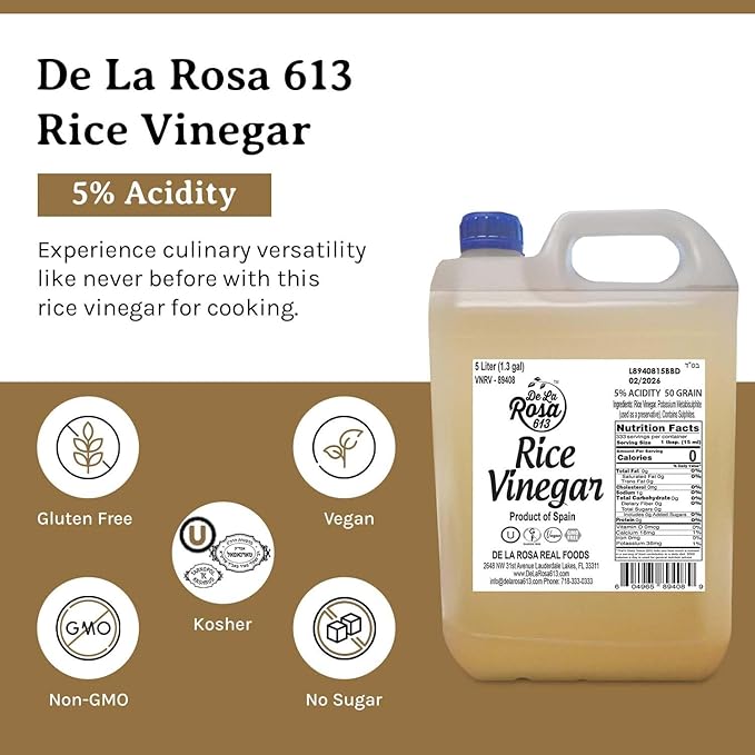 De La Rosa Rice Vinegar 5% Acidity, Kosher, Rice Vinegar for Cooking, Sushi, Salad Dressings and More | Sugar-Free Rice Vinegar - 5 Liter (Pack of 1)