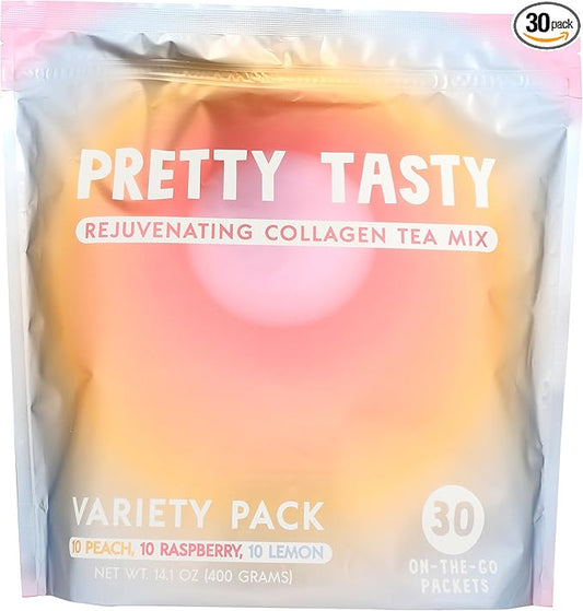 Tea Variety Pack, Collagen-Infused Tea, Peach Perfection, Raspberry Radiance, Lemon Luminance, 10g Collagen Mix - 30 Count