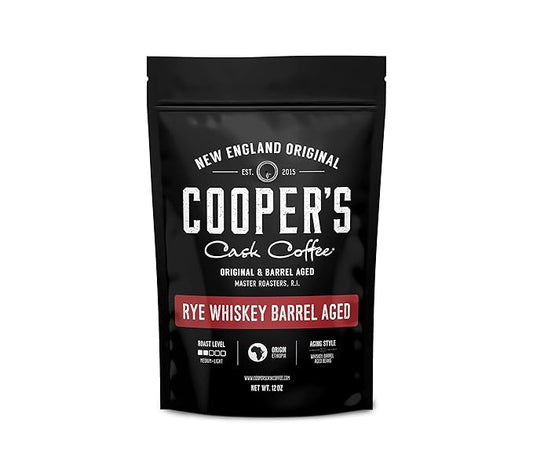 Rye Whiskey Barrel Aged Coffee, Medium Roast Ethiopian Beans Aged in Rye Whiskey Barrels,12 oz Bags, Ground
