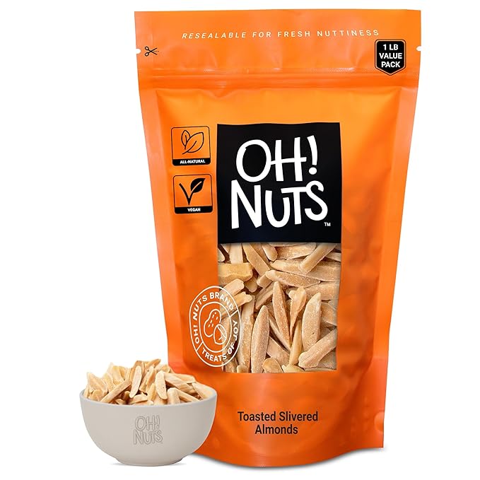 Oh! Nuts Almonds Toasted Slivered - Raw - 100% Natural - 1 lb - High-Protein Almonds - Packed in New York Zip-Seal Bag for Exceptional Freshness