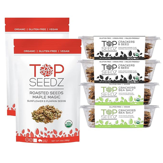 Top Seedz Deluxe Organic Gluten Free Vegan Crackers and Roasted Seeds Bundle | 2 Pouches of Maple Magic Roasted Seeds | 2 Packs of Sea Salt Crackers | 2 Packs of 6-Seed