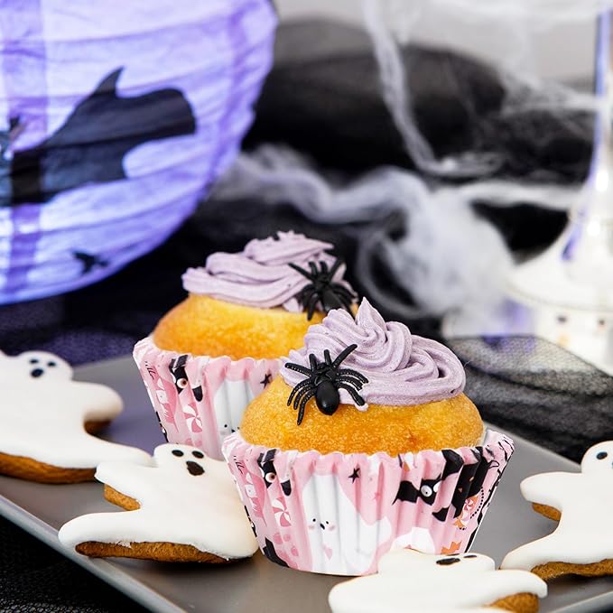 300Pcs Halloween Cupcake Liner Pink Boo Ghost Baking Cup Paper Muffin Cupcake Wrapper for Trick or Treat Party Supplies
