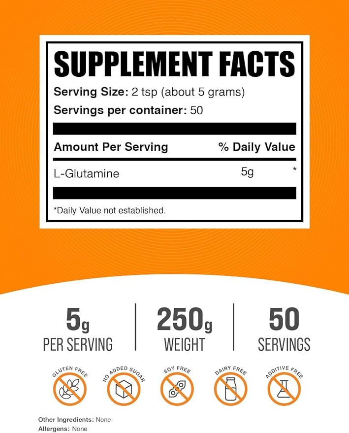 BulkSupplements.com L-Glutamine Powder - Glutamine Supplement, for Recovery & Gut Health - Unflavored & Gluten Free, 5g (5000mg) per Serving, 250g (8.8 oz) (Pack of 1)
